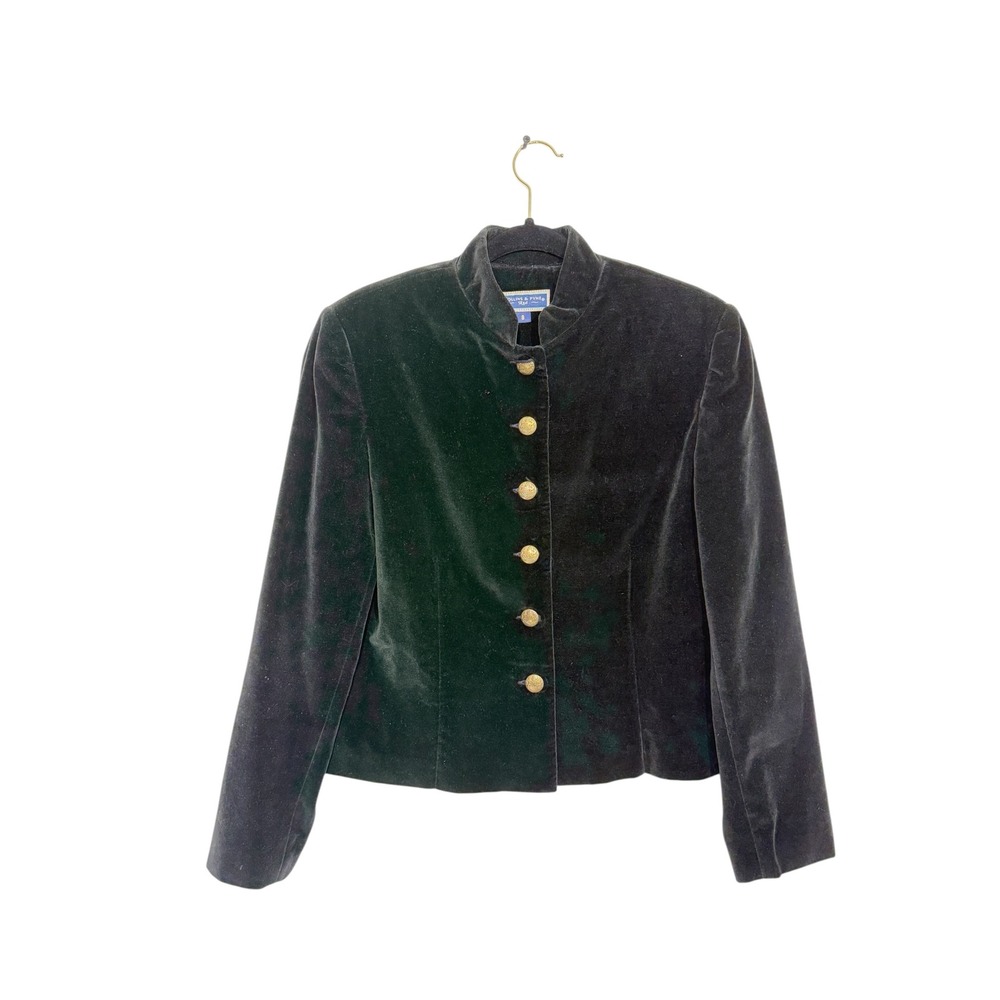 Collins & Pyne Vintage Black Velvet Military Blazer Gold Crest Buttons USA Made